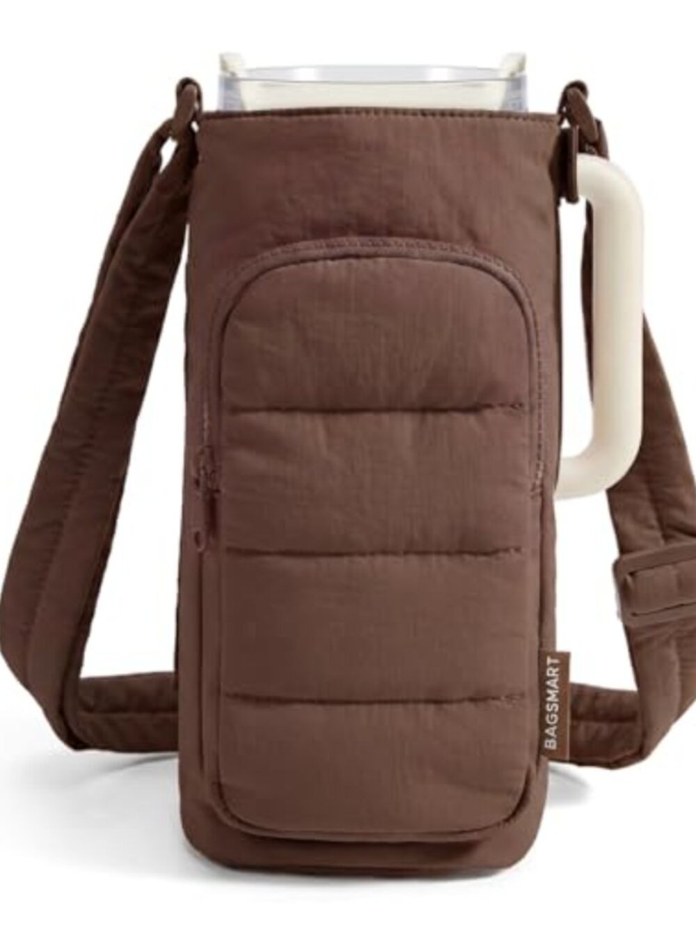 Quilted Nylon Crossbody Water Bottle Holder with Magnetic Closure Sling Bag